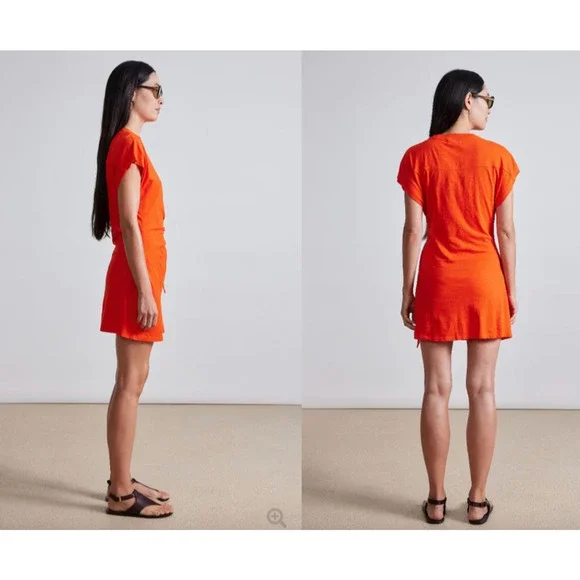 Apiece Apart Nina Cinched Waist Dress Orange Midi Wrap Organic Cotton Flambe - Picture 2 of 9